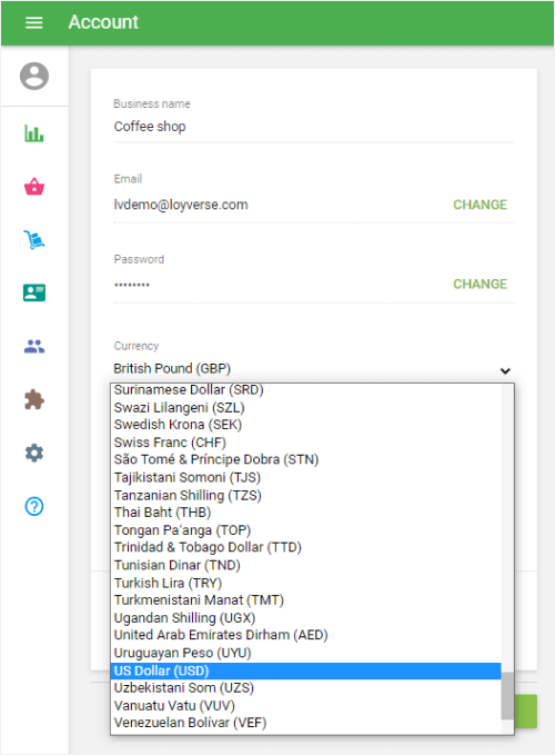 Currency field in the account settings