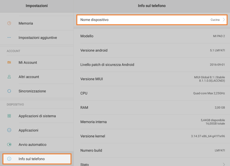 configurare il nome del dispositivo su un tablet Android