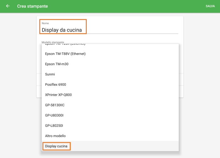 seleziona Display cucina dal menu a discesa