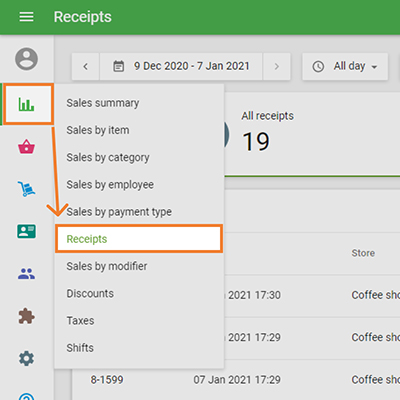  ‘Receipts’ section in the reports menu