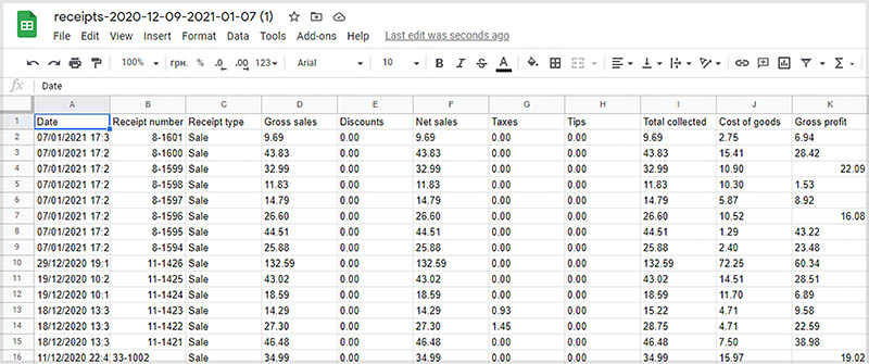 CSV file with Receipts opened in Google Sheets