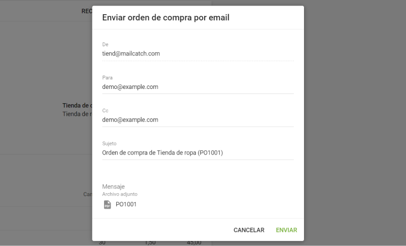 Enviar orden de compra por email