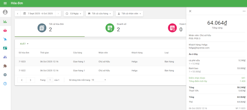 tiết của biên lai ở bảng thông tin bên tay phải